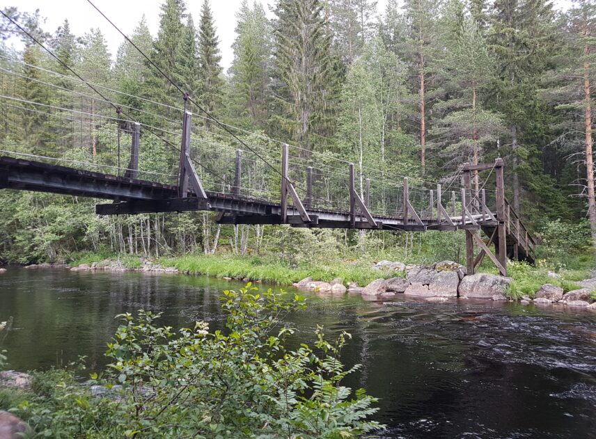 En hängbro leder över älven Femtån. Vattnet är svart. Bron är mestadels bygd av trä och ser lite gammaldags ut. I bakgrunden mycket granar och tallar.