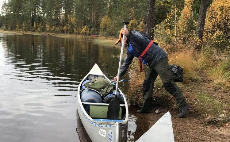 En man lastar det sista in i kanoten. Han stödjer sig på paddeln för att rätta till packningen. Björkarna i bakgrunden lyser gult.