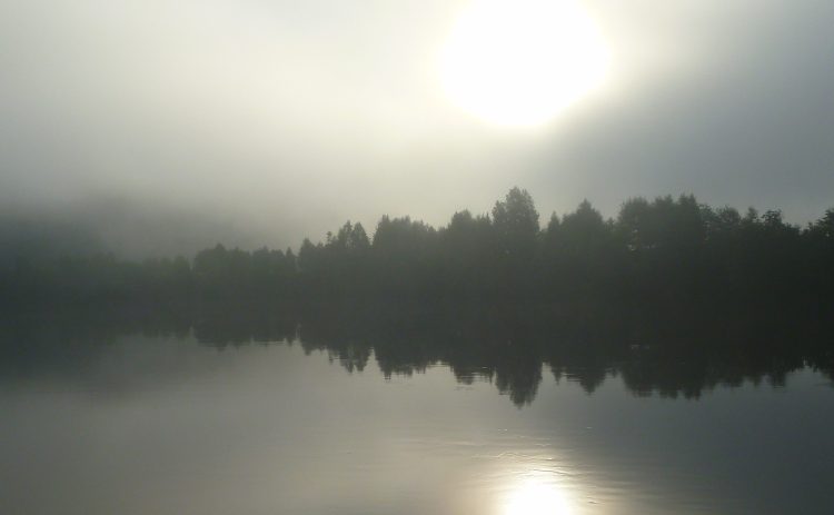 Hela bilden ligger i morgondimma. Vid horisonten syns en remsa skog som speglas i vattnet. Även solen som försöker komma genom diset kan ses dubbelt - i himlen ovanför träden och nere i vattnet.