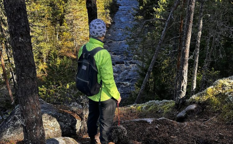 En kvinna med en liten svart hund i koppel står och tittar ner i en ravin. I dalens djup forsar Femtån på en stenig grund genom skogen. Det är en solig dag men kvinnan och hunden står i skuggan.
