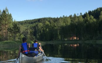 Två personer med flytvästar paddlar kanot. I kanoten ligger också en hel del packning. Skogen är mörk grön, på en ljusblå himmel hänger enstaka vita moln.